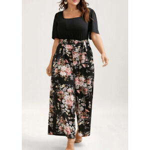 BLOOMCHIC 18-20 2X Plus Black Floral Contrast Belted Pockets Jumpsuit NWT B62